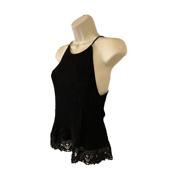 Ambiance Y2K Tank Top Womens Medium Black Plisse Crochet Hem Keyhole Neck - Picture 2 of 8